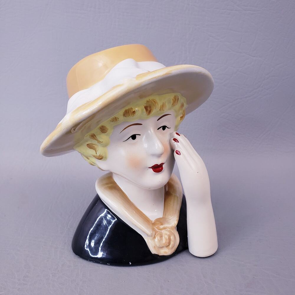 Vintage 50s Lady Head Bust Ceramic Woman Yellow Hat Decoration Figurine Rustic